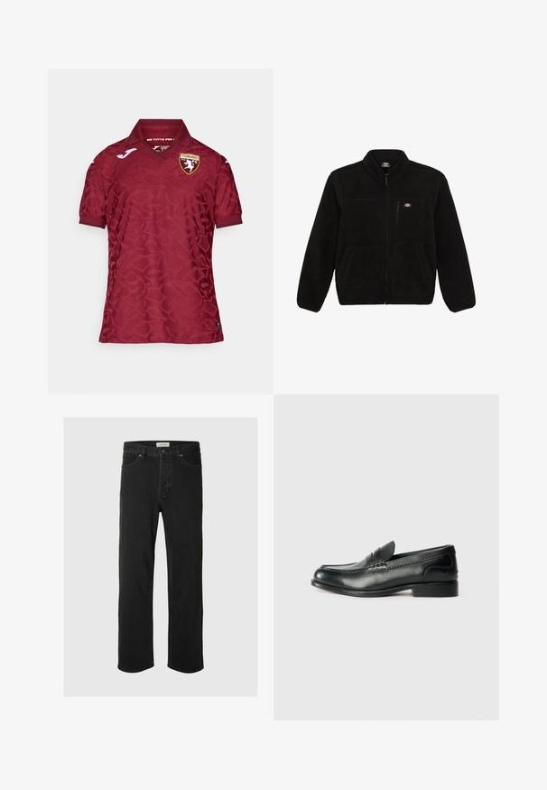 Czarna polarowa kurtka z zamkiem błyskawicznym z przodu, wysokim kołnierzem i dwoma przednimi kieszeniami naszytymi. Posiada małe logo na górnej lewej piersi.; Czerwona koszulka z subtelnym wzorem teksturalnym, posiadająca klasyczny kołnierzyk oraz logo Torino FC na wyszywce. Krótkie rękawy i oddychający materiał.; Czarne dżinsy straight-leg cechują się klasycznym pięciopocketowym wzorem, z zapięciem na guzik, minimalnym przeszyciem oraz miękką teksturą.; Czarne skórzane mokasyny z gładkim wykończeniem, haftowanymi detalami wzdłuż przodu buta oraz lekko podniesionym obcasem.