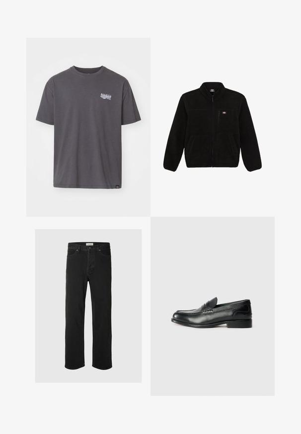 Mustan fliisi jakk, millel on tõmblukuga esiosa, kõrge krae ja kaks eesmist plaastritaskut. Esiküljel on väike logo vasakul rinnal.; Hall ehk kootud t-särk lühikeste varrukatega, ümmargune kaelus ja väike valge graafiline trükk rinnal. Omab sirget äärestust ja vaba lõikega disaini.; Mustad denim sirged püksid on varustatud klassikalise viie taskuga, nupuga kinnitamisega, minimaalse õmblusega ja pehme tekstuuriga.; Mustad mustad nahast loafers, mis on kaunistatud sileda viimistluse, õmblusdetailide ja veidi kõrgendatud kannaga.