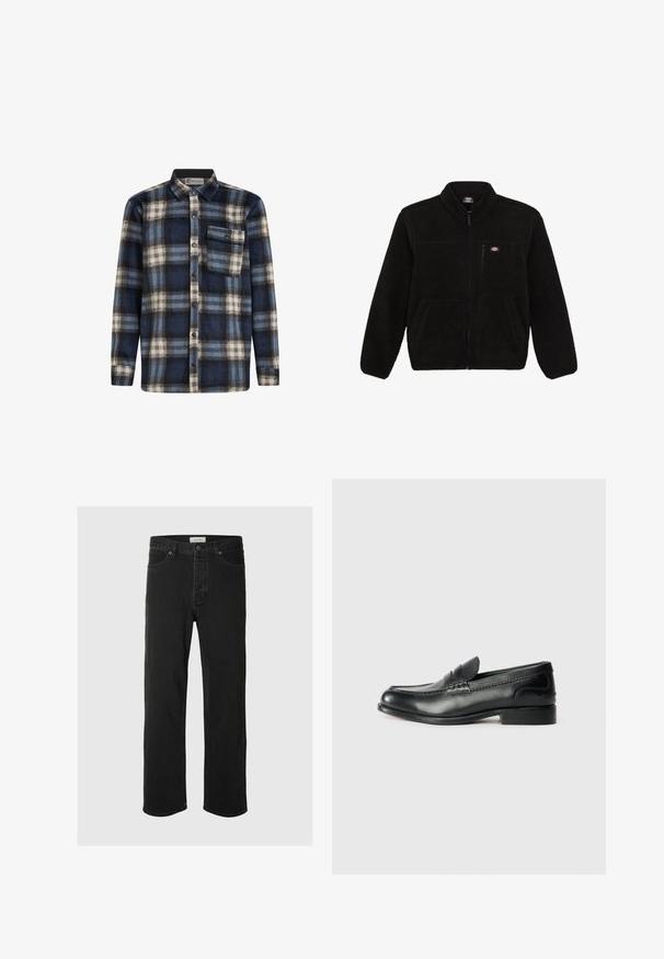 Czarna polarowa kurtka z zamkiem błyskawicznym z przodu, wysokim kołnierzem i dwoma przednimi kieszeniami naszytymi. Posiada małe logo na górnej lewej piersi.; Koszula flanelowa w kratę w kolorze niebieskim, czarnym i białym; posiada zapięcie na guziki z przodu, kołnierzyk oraz kieszeń na piersi z detalem guzika.; Czarne dżinsy straight-leg cechują się klasycznym pięciopocketowym wzorem, z zapięciem na guzik, minimalnym przeszyciem oraz miękką teksturą.; Czarne skórzane mokasyny z gładkim wykończeniem, haftowanymi detalami wzdłuż przodu buta oraz lekko podniesionym obcasem.