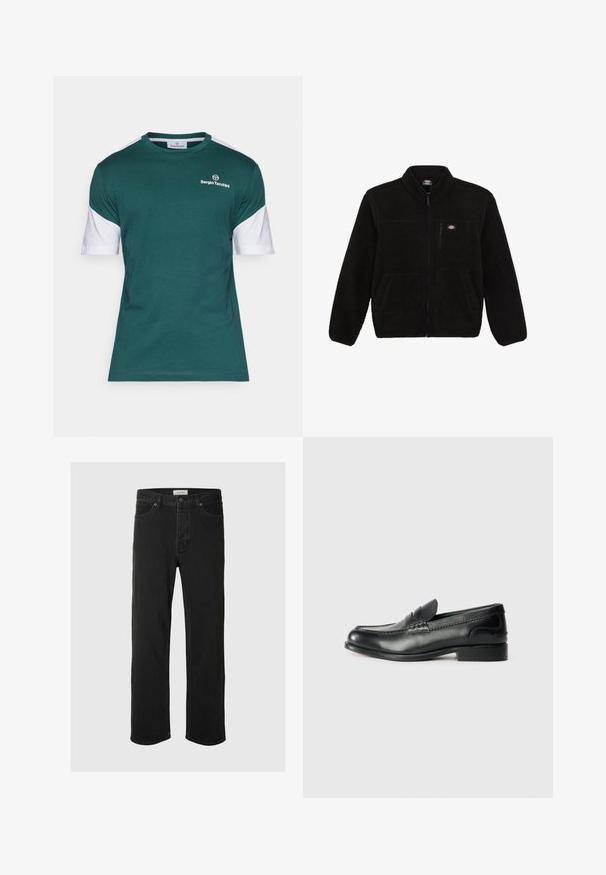 Melnā flīsa jaka ar ar rāvējslēdzēju priekšā, augstu apkakli un divām priekšējām kabatām. Iekļauta neliela logo augšējā kreisajā krūšu daļā.; Sergio Tacchini GIARDINO - Apdrukāts T-krekls - sea moss/white; Melna denima taisna piegriezuma bikses ar klasisku piecu kabatu dizainu, poga aizdari, minimāls šuvju skaits un mīksta tekstūra.; Melnas ādas loafers ar gludu apdari, izšūtiem detaļām pa vampu un nedaudz paceltu papēdi.