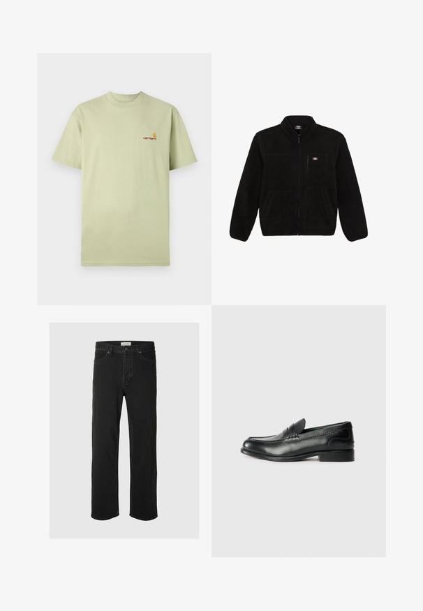Schwarze Fleecejacke mit einem Reißverschluss vorne, hohem Kragen und zwei aufgesetzten Taschen vorne. Hat ein kleines Logo auf der oberen linken Brust.; Hellgrünes Baumwoll-T-Shirt mit kurzen Ärmeln und Rundhalsausschnitt. Enthält ein kleines orange-rotes Logo im oberen linken Brustbereich.; Schwarze Denim-Jeans im Straight-Leg-Schnitt verfügen über ein klassisches Fünf-Taschen-Design mit Knopfverschluss, minimaler Naht und einer weichen Textur.; Schwarze Lederloafers mit glatter Oberfläche, gesteppten Details über dem Vorderblatt und einem leicht erhöhten Absatz.