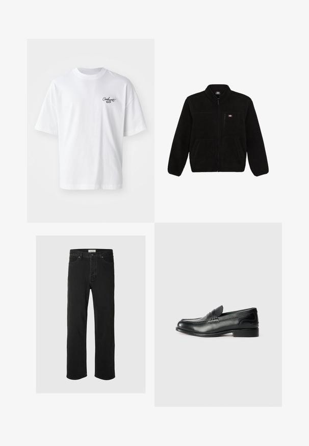 Black fleece jacket with a zippered front, high collar, and two front patch pockets. Features a small logo on the upper left chest.; White cotton t-shirt with a crew neck and short sleeves. Features a black script logo on the left chest. Relaxed fit with side seams.; Black denim straight-leg jeans feature a classic five-pocket design with button closure, minimal stitching, and a soft texture.; Black leather loafers featuring a smooth finish, stitched detailing across the vamp, and a slightly raised heel.