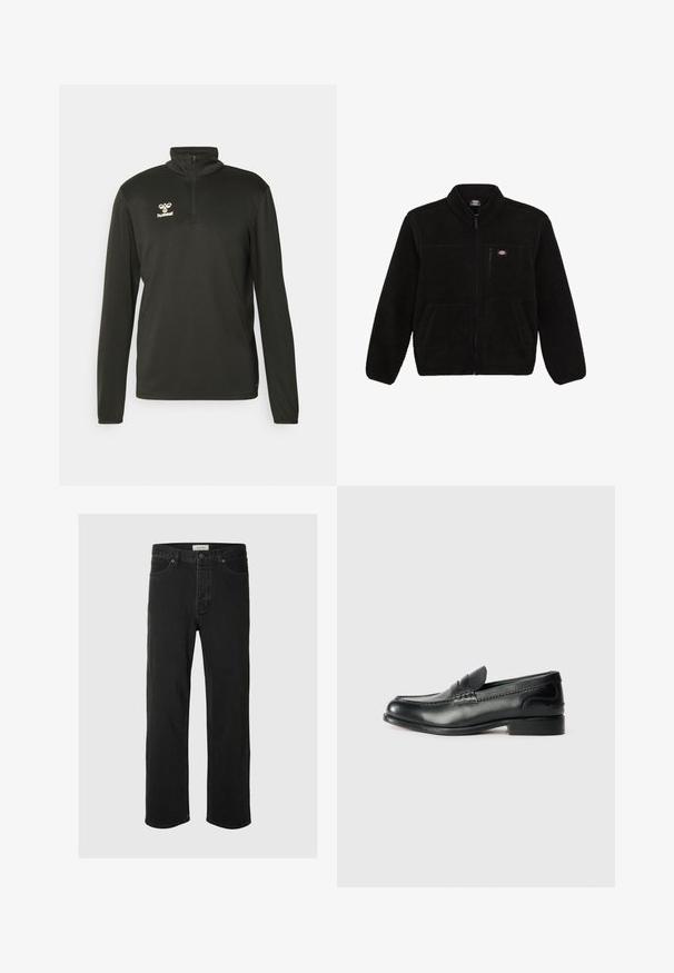 Schwarze Fleecejacke mit einem Reißverschluss vorne, hohem Kragen und zwei aufgesetzten Taschen vorne. Hat ein kleines Logo auf der oberen linken Brust.; Schwarzer Pullover mit langen Ärmeln und hohem Kragen, ausgestattet mit einem Viertelreißverschluss und einem kleinen weißen Logo auf der Brust. Hergestellt aus einem glatten, dehnbaren Material.; Schwarze Denim-Jeans im Straight-Leg-Schnitt verfügen über ein klassisches Fünf-Taschen-Design mit Knopfverschluss, minimaler Naht und einer weichen Textur.; Schwarze Lederloafers mit glatter Oberfläche, gesteppten Details über dem Vorderblatt und einem leicht erhöhten Absatz.