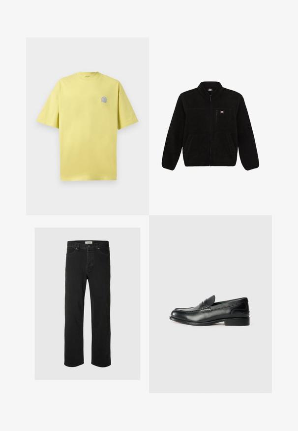 Black fleece jacket with a zippered front, high collar, and two front patch pockets. Features a small logo on the upper left chest.; Lemon yellow cotton T-shirt with short sleeves, round neck, and a small blue logo on the left chest. Soft texture, relaxed fit.; Black denim straight-leg jeans feature a classic five-pocket design with button closure, minimal stitching, and a soft texture.; Black leather loafers featuring a smooth finish, stitched detailing across the vamp, and a slightly raised heel.