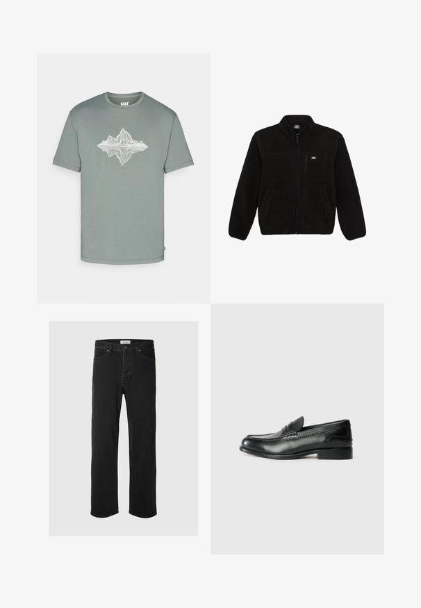 Czarna polarowa kurtka z zamkiem błyskawicznym z przodu, wysokim kołnierzem i dwoma przednimi kieszeniami naszytymi. Posiada małe logo na górnej lewej piersi.; Helly Hansen - T-shirt z nadrukiem; Czarne dżinsy straight-leg cechują się klasycznym pięciopocketowym wzorem, z zapięciem na guzik, minimalnym przeszyciem oraz miękką teksturą.; Czarne skórzane mokasyny z gładkim wykończeniem, haftowanymi detalami wzdłuż przodu buta oraz lekko podniesionym obcasem.