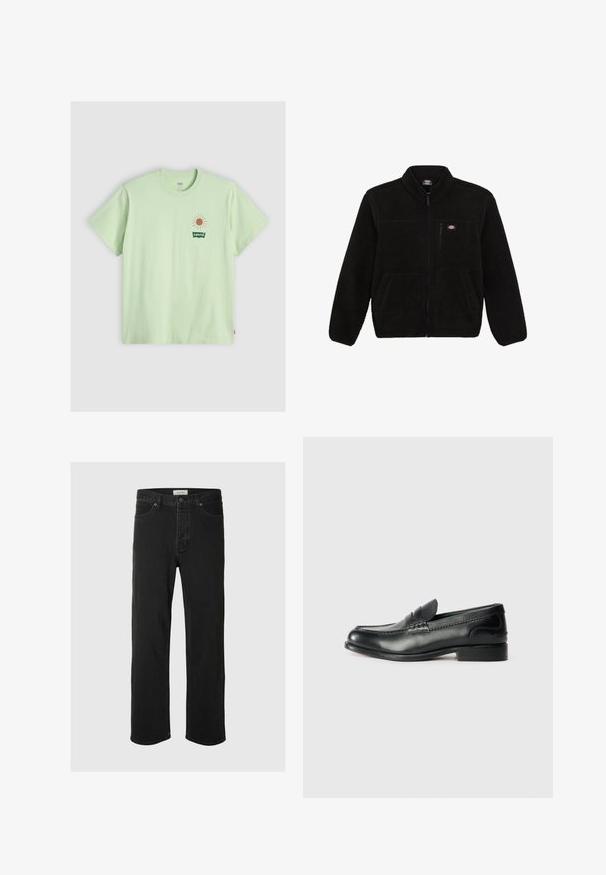 Černá fleecová bunda se zipem vpředu, vysokým límcem a dvěma předními náprsními kapsami. Obsahuje malé logo na horní levé části hrudi.; Světle zelené bavlněné tričko, krátké rukávy, kulatý výstřih. Na levé části hrudi má sluneční grafiku v světle oranžové barvě a zelené logo Levi's.; Černé džíny rovného střihu mají klasický design se pěti kapsami, zapínání na knoflík, minimální švy a jemnou texturu.; Černé kožené mokasíny s hladkým povrchem, prošívanými detaily na svršku a mírně zvýšeným podpatkem.
