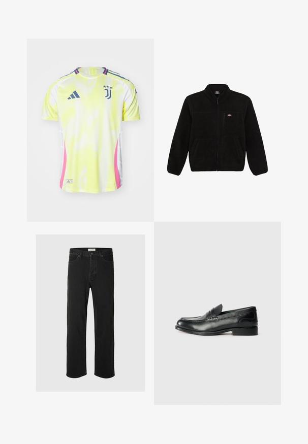 Giacca in pile nera con frontale con zip, colletto alto e due tasche anteriori a toppa. Presenta un piccolo logo sulla parte superiore sinistra del petto.; Maglia in rete gialla e bianca con accenti rosa, caratterizzata da maniche corte, collo rotondo e logo della Juventus con tre stelle sul petto.; I jeans in denim nero a gamba dritta presentano un classico design a cinque tasche con chiusura a bottone, cuciture minime e una texture morbida.; Mocassini in pelle nera con finitura liscia, dettagli cuciti sulla parte superiore e tacco leggermente rialzato.