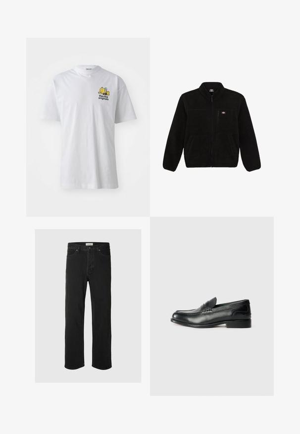 Čierna fleecová bunda so zipsom v prednej časti, vysokým golierom a dvoma prednými vreckami. Obsahuje malé logo na hornej ľavej časti hrude.; Biela bavlnená tričko s krátkymi rukávmi, okrúhlym výstrihom a farebnou vyšívanou grafikou včely a textu na hrudníku.; Čierne džínsové nohavice so rovnými nohavicami majú klasický dizajn s piatimi vreckami, zapínaním na gombík, minimálnym prešívaním a jemnou textúrou.; Čierne kožené loafers s hladkým povrchom, prešívaním cez vampus a mierne vyvýšeným podpätkom.