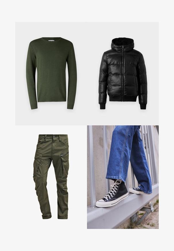 Juodas pūkinis švarkas su blizgiu, siuvinėtu paviršiumi, su pamušalu kapisonu ir kraštais bei apvadu su raukšlėmis. Yra priekinis užtrauktukas.; Alyvinės žalios, lengvos megztos palaidinės su apvalia iškirpte, ilgomis rankovėmis ir gipiūriniais kaklo bei rankovių kraštais. Lygus paviršius ir paprastas dizainas.; Olive spalvos cargo kelnės, pagamintos iš tvirto medvilnės. Yra keletas kišenių, šonu užtraukiama kišenė ir siaurėjančios kojos su šiek tiek tekstūruotu paviršiumi.; Juodi aukšti sportiniai bateliai su baltu padu ir raišteliais, derinami su laisvai krentančiais mėlynais džinsais, atremti į pilką turėklą.