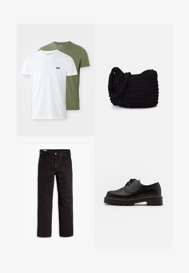Zwarte pufferjack met een glanzende, gewatteerde buitenkant, een gevoerde capuchon en ribgebreide manchetten en zoom. Voorzien van een frontale ritssluiting.; Twee T-shirts met korte mouwen: één wit met een zwart "Lee" logo en één olijfgroen. Beiden zijn gemaakt van zacht katoen met een klassieke pasvorm.; Zwarte recht gesneden denim jeans met vijf zakken, knoopsluiting en riemlussen, plat gelegd op een witte achtergrond.; Zwarte leren veterschoen met een ronde neus, getextureerde rubberen zool en gele stiksels rond de basis. Plat ontwerp en een gladde afwerking.; Zwarte stoffen tas met een gestructureerd, gewatteerd patroon. Rondvormig, korte, dikke handvatten en een zachte, flexibele structuur.