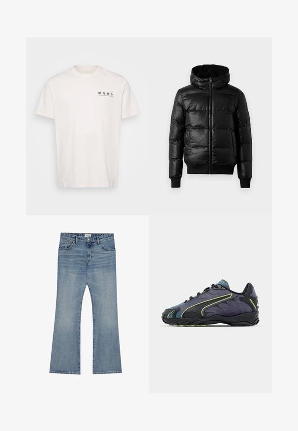 Jachetă puf cu un exterior lucios, matlasat, cu o glugă căptușită și manșete și tiv fanteziste. Dispune de un închidere cu fermoar frontal.; Tricou alb din bumbac, cu guler rotund, mâneci scurte și text tipărit în negru pe față. Design simplu, potrivire standard.; Jeans din denim albastru deschis cu un design cu picior evazat, prezentând un stil clasic cu cinci buzunare și un închizător cu nasture la talie.; Pantofi sport negri și mov, cu un superior texturat, linii de accent verzi și o talpă din cauciuc cu un design ondulat. Închidere cu șireturi.