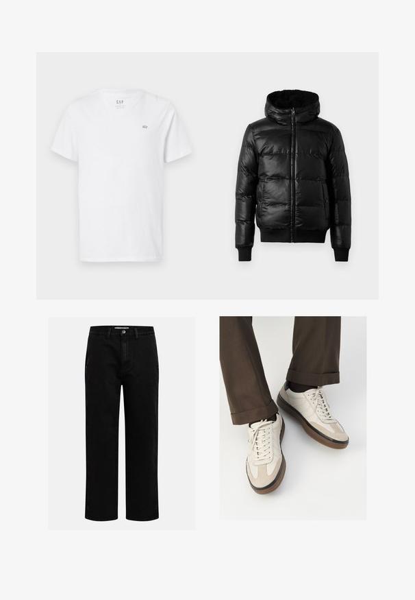 Black puffer jacket with a shiny, quilted exterior, a lined hood, and ribbed cuffs and hem. Features a front zipper closure.; White cotton t-shirt featuring a V-neck, short sleeves, and a small embroidered logo on the upper left chest. Smooth texture.; Black denim pants with a straight-leg cut, classic five-pocket design, and a button closure at the waist. Smooth texture and durable fabric.; Beige sneakers with a textured suede front, smooth leather sides, and a brown rubber sole. Laces and light stitching detail included.