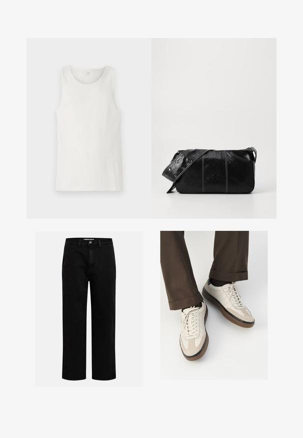 Černá péřová bunda s lesklým, prošívaným povrchem, podšívkou v kapuci a ribovými manžetami a spodním lemem. Obsahuje přední zipové zapínání.; Bílý bezrukávový top vyrobený z žebrované látky, s kulatým výstřihem a čistými okraji. Štítek na střední části zad má nápis "GAP."; Černé džíny s rovnými nohavicemi, klasickým pětipocketovým designem a knoflíkovým zapínáním v pase. Hladká textura a odolná látka.; Béžové tenisky s texturovanou semišovou špičkou, hladkými koženými boky a hnědou gumovou podrážkou. Na šněrování a lehkém prošití je detail.; Černá kožená kabelka přes rameno se zapínáním na zip, s texturovaným tělem, bílým prošíváním a popruhem se stříbrnými očky.