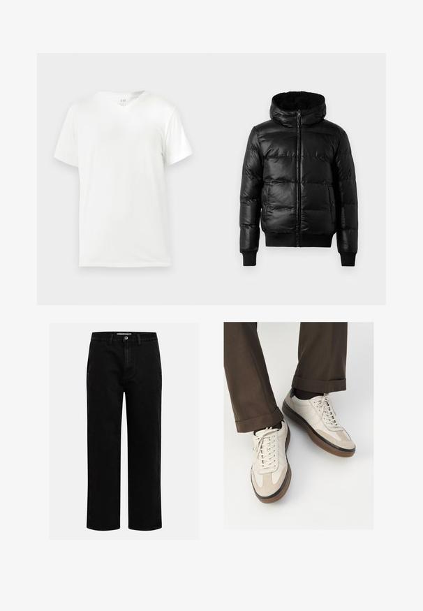 Zwarte pufferjack met een glanzende, gewatteerde buitenkant, een gevoerde capuchon en ribgebreide manchetten en zoom. Voorzien van een frontale ritssluiting.; Witte katoenen T-shirt met korte mouwen en V-hals, met een ontspannen pasvorm en een gladde, zachte textuur. Geen patronen of accenten aanwezig.; Donkerblauwe denim overhemd met lange mouwen, puntige kraag, knoopsluiting, borstzak en contrasterende oranje stiksel.; Zwarte denim broeken met een rechte pijp, klassieke vijf-pocket structuur en een knoopsluiting in de taille. Glad materiaal en duurzame stof.; Beige sneakers met een leren voorkant van textuur-suède, gladde leren zijkanten en een bruine rubberen zool. Veters en lichte stikseldetails inbegrepen.
