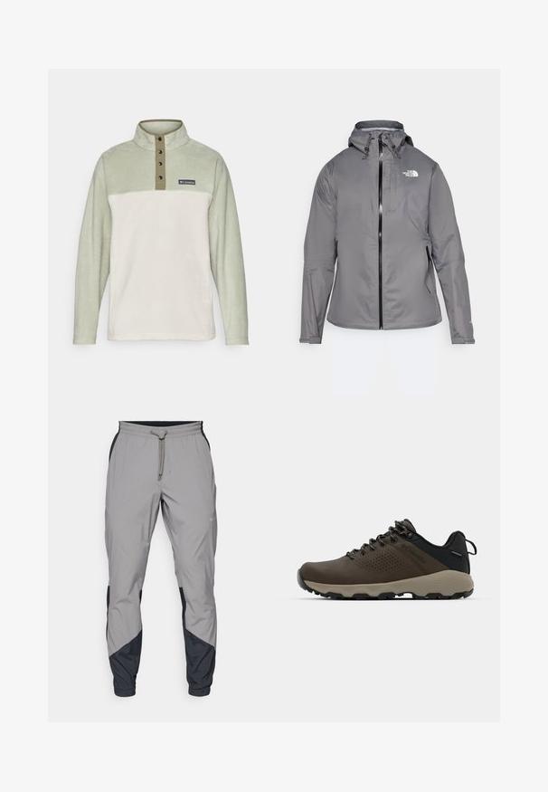 Pilkas vandeniui atsparus paltas su kapišonu, priekiniais užtrauktukais, logotipu kairiajame krūtinės viršuje ir elastinėmis rankovėmis. Lygus, lengvas audinys.; Columbia puloveris su šviesiai žalia ir kreminės spalvos bloko dizainu, pagamintas iš fliso medžiagos, pusės apykakle, keturiomis juodomis sagomis ir logotipo aplikacija.; Lengvas, pilkos sportinės kelnės su juodais akcentais. Elastingas juosmuo, raišteliu užsegimas, siaurėjantis kojų dizainas ir šoninės kišenės.; Rudi nepralaidūs sportbačiai su tekstūruota viršutine dalimi, perforuotomis detalėmis, juodu kulno palaikymu ir pilku guminio padu. Šniūreliai yra dekoruoti metaliniais galais.