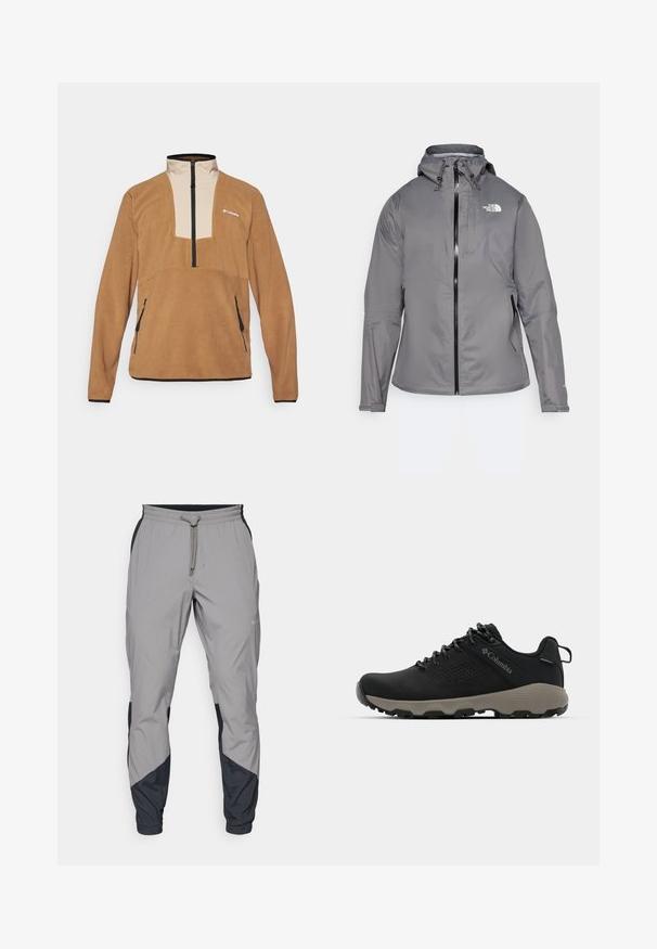 Gray waterproof jacket with a hood, front zipper, logo on the upper left chest, and elastic cuffs. Smooth, lightweight fabric.; Columbia SEQUOIA GROVE™ HALF ZIP - Fleece jumper - delta/ancient fossil/black; Lightweight, gray athletic pants with black accents. Elastic waistband, drawstring closure, tapered leg design, and side pockets.; Black hiking shoe with a smooth upper, perforated design, gray outsole, and reinforced heel. Features laces and a pull tab for easy wear.