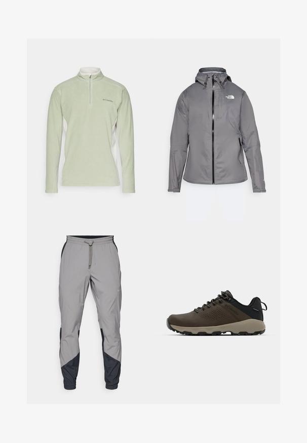 Grå vandtæt jakke med hætte, frontlynlås, logo på den øverste venstre bryst og elastiske manchetter. Glat, letvægtsstof.; Lys grøn fleece pullover med høj krave og halv lynlås. Har hvide sidepaneler og et lille logo på brystet. Blød struktur.; Lettere, grå atletiske bukser med sorte detaljer. Elastisk talje, snøre lukning, tapered ben-design og sidelommer.; Brune vandtætte sneakers med en tekstureret overflade, perforerede akcenter, sort hælunderstøttelse og en grå gummisål. Snørebåndene er udsmykket med metalender.