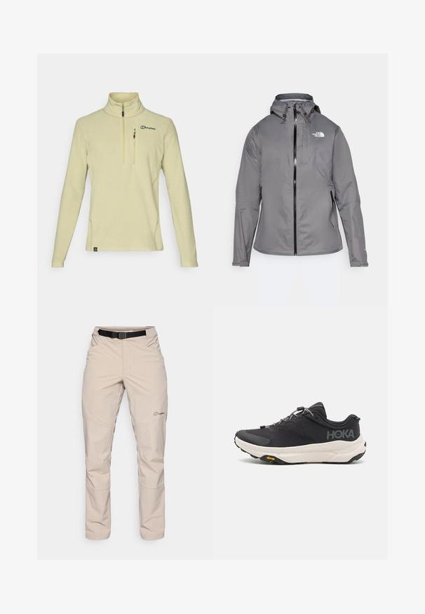 Pilkas vandeniui atsparus paltas su kapišonu, priekiniais užtrauktukais, logotipu kairiajame krūtinės viršuje ir elastinėmis rankovėmis. Lygus, lengvas audinys.; Šviesiai geltonas pūkų megztinis su pusiau užtrauktuku ant apykaklės, ilgomis rankovėmis ir maža krūtine kišenė; turi žalią logotipą ir tekstūruotą medžiagą.; Šviesiai rudos spalvos lauko kelnės su juodu diržu, užtrauktukais, ir tiesiais kirpimais. Pagamintos iš lengvo, vandeniui atsparaus audinio.; Juodos sportinės bateliai su tekstūruota viršutine dalimi, pilkų akcentų, atspindinčiomis detalėmis ir storu baltu padu su Vibram prekės ženklu.