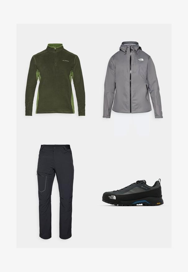 Gray waterproof jacket with a hood, front zipper, logo on the upper left chest, and elastic cuffs. Smooth, lightweight fabric.; Green fleece pullover with a zip collar, featuring darker green side panels and logo on the chest. Soft texture and long sleeves.; Black outdoor pants featuring a zippered thigh pocket, elastic waistband, and smooth, water-resistant fabric. Clean design with no visible logos.; The North Face VERTO ALPINE GORE TEX - Hiking shoes - asphalt grey/tnf black