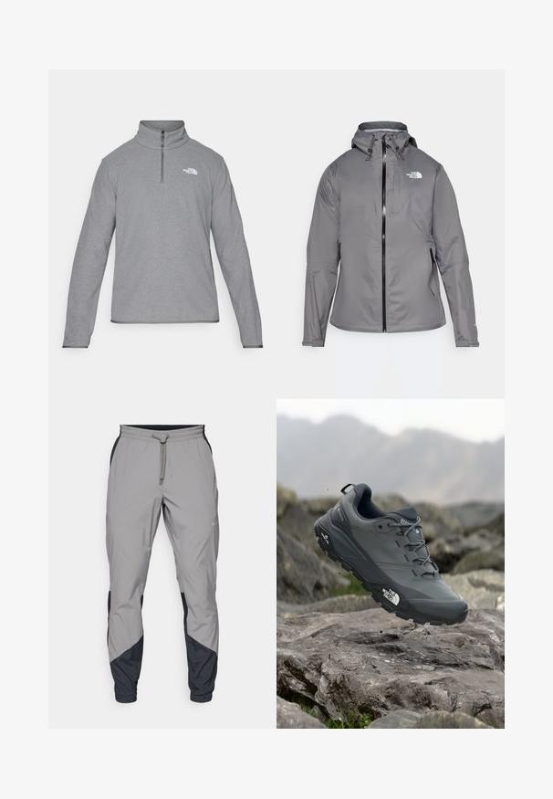 Jachetă impermeabilă gri cu glugă, fermoar frontal, logo pe partea stângă sus a pieptului și manșete elastice. Țesătură netedă, ușoară.; The North Face M GLACIER FLEECE 1/4 ZIP JACKET - Pulover din fleece - grey heather; Pantaloni sportivi ușori, gri, cu accente negre. Talie elastică, închidere cu șnur, design cu picior tapered și buzunare laterale.; Pantof de alergare pe trasee gri, cu o partieră texturată, talpă din cauciuc durabil și vârf întărit. Dispune de șireturi și logo-ul brandului pe lateral.