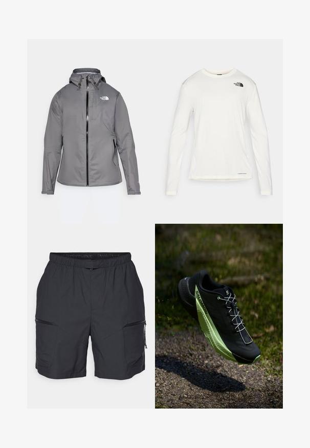 Pilkas vandeniui atsparus paltas su kapišonu, priekiniais užtrauktukais, logotipu kairiajame krūtinės viršuje ir elastinėmis rankovėmis. Lygus, lengvas audinys.; Balta ilga rankove marškiniai su apvalia iškirpte, tekstūruota medžiaga, juodas logotipas kairėje petyje ir subtilus prekės ženklas apačioje.; Juodos sportinės šortai su elastingu juosmeniu, dviem užtrauktukais uždaromomis kišenėmis šonuose ir glotnia, lengva medžiaga. Savybės - kampinės siūlės.; Juodas bėgimo batelis su tekstūruota paviršiumi ir žaliais akcentais. Pasižymi lengvu dizainu ir unikalia, raštuota išorine dalimi, užtikrinančia sukibimą.