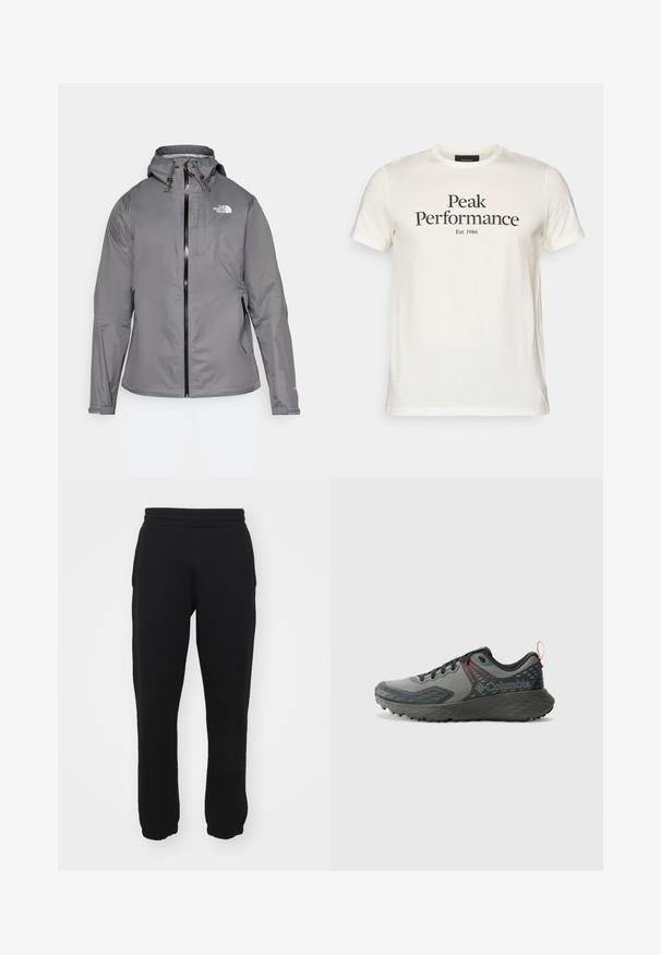 Grå vanntett jakke med hette, frontglidelås, logo på øvre venstre bryst og elastiske mansjetter. Glatt, lett stoff.; Kremfarget bomulls-T-skjorte med "Peak Performance" og "Est. 1986" trykt i svart, med korte ermer og rund hals.; Svart joggebukse laget av en bomullsblanding, med elastisk midjebånd, tapered ben og ribbede mansjetter ved anklene. Enkel design, ingen mønstre.; Columbia KONOS - Fjellsko - grey steel/mountain red