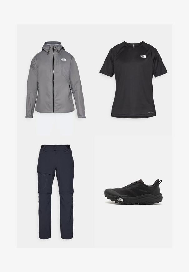 Siva vodoodporna jakna s kapuco, sprednji zadrgo, logotip na zgornjem levem prsnem delu in elastičnimi manšetami. Gladek, lahek material.; Črna kratko rokavna športna majica iz teksturirane tkanine, z belim logotipom na levem prsnem delu in ravnim robom.; Temno modri pohodni hlače z zadrgo, izdelane iz lahkega materiala. Značilnosti vključujejo več žepov in oblikovanje z ukrivljenimi šivi za funkcionalen videz.; Črne tekaške čevlje za trail s teksturirano zgornjega dela, gumijastim podplatom in ojačanim zaključkom prstov. Vključuje oblazinjen ovratnik in zanko za enostavno obuvanje.