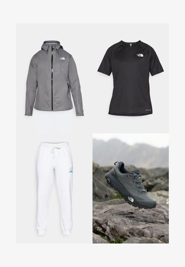 Grau wasserdichte Jacke mit Kapuze, vorderem Reißverschluss, Logo auf der oberen linken Brust und elastischen Bündchen. Glattes, leichtes Material.; Schwarzes kurzärmliges Sportshirt aus strukturiertem Stoff, mit einem weißen Logo auf der linken Brust und einem geraden Saum.; Weiße Baumwoll-Sweatpants mit elastischem Bund, verstellbarem Kordelzug und Logodetails in Blau und Regenbogenfarben am linken Oberschenkel.; Grau Trailrunning-Schuh mit einer strukturierten Oberseite, haltbarer Gummisohle und verstärkter Zehenkappe. Verfügt über Schnürsenkel und ein Markenlogo an der Seite.