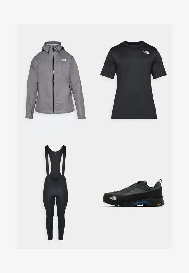 Gray waterproof jacket with a hood, front zipper, logo on the upper left chest, and elastic cuffs. Smooth, lightweight fabric.; Black short-sleeve t-shirt made of lightweight, moisture-wicking fabric. Features a white logo on the left chest and a crew neckline.; Black cycling bib tights with adjustable straps, seamless design, padded seat area, and logo detail on the left leg. Smooth, stretch fabric.; The North Face VERTO ALPINE GORE TEX - Hiking shoes - asphalt grey/tnf black
