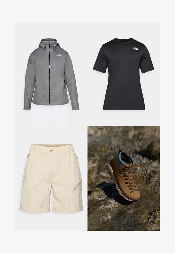 Pilkas vandeniui atsparus paltas su kapišonu, priekiniais užtrauktukais, logotipu kairiajame krūtinės viršuje ir elastinėmis rankovėmis. Lygus, lengvas audinys.; Juoda trumpų rankovių marškinėliai, pagaminti iš lengvos, drėgmę praleidžiančios medžiagos. Viršuje kairėje krūtinės pusėje yra balta logotipo etiketė, o apykaklė yra klasikinio stiliaus.; Smėlio spalvos šortai pagaminti iš lengvos medžiagos, su elastingu juosmeniu, užtrauktuko kišenėmis ir sulankstytu kraštu, kuriame yra kontrastingi tekstūruoti elementai.; Rudi žygio batai su sintetine viršutine dalimi, šviesiai mėlynu apvadu, metaliniais akių laikikliais ir tekstūruotu gumuotu padu. Sukurti lauko veikloms.