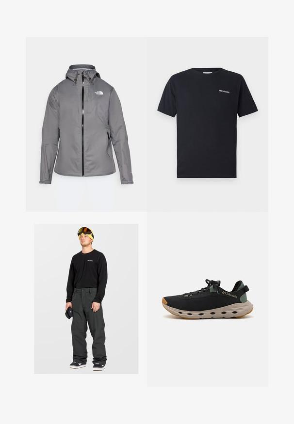 Grau wasserdichte Jacke mit Kapuze, vorderem Reißverschluss, Logo auf der oberen linken Brust und elastischen Bündchen. Glattes, leichtes Material.; Schwarzes T-Shirt mit kurzen Ärmeln aus Baumwolle, das ein kleines weißes Columbia-Logo auf der linken Brustseite aufweist. Klassischer Rundhalsausschnitt und entspannte Passform.; Schwarzes Langarmshirt, dunkelgraue Schneehose, schwarze Sneaker mit weißen Sohlen, gelbe Mütze und braune Skibrille. Der Wanderer hält schwarze Handschuhe.; Schwarze Columbia Sportschuhe mit einem atmungsaktiven Obermaterial, einer bequemen grauen Zwischensohle und einer robusten tanfarbenen Außensohle. Verfügt über ein minimalistisches Design und verstellbare Schnürsenkel.