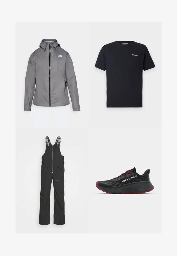 Grau wasserdichte Jacke mit Kapuze, vorderem Reißverschluss, Logo auf der oberen linken Brust und elastischen Bündchen. Glattes, leichtes Material.; Schwarzes T-Shirt mit kurzen Ärmeln aus Baumwolle, das ein kleines weißes Columbia-Logo auf der linken Brustseite aufweist. Klassischer Rundhalsausschnitt und entspannte Passform.; Schwarze wasserdichte Latzhosen mit verstellbaren Trägern, einem Frontreißverschluss und mehreren Taschen sowie verstärkten Beinteilen für Langlebigkeit.; Schwarzer Sportschuh mit strukturiertem Obermaterial, roten Schnürsenkeln und Logo. Dicke Sohle mit strukturiertem Profil für Traktion. Minimalistisches Design, Seitenansicht.