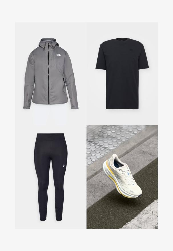 Šedá nepremokavá bunda s kapucňou, predným zipsom, logom na hornej ľavej časti hrudi a elastickými manžetami. Hladká, ľahká látka.; Čierne bavlnené tričko s krátkym rukávom a okrúhlym výstrihom, s nenápadným logom na hrudi a voľným strihom.; Čierne športové legíny vyrobené z elastického materiálu. Majú vysoký pás, hladkú textúru a malé logo na boku.; Biele a žlté tenisky HOKA levitujúce nad textúrovaným chodníkom a obrubníkom cesty pri priechode pre chodcov.