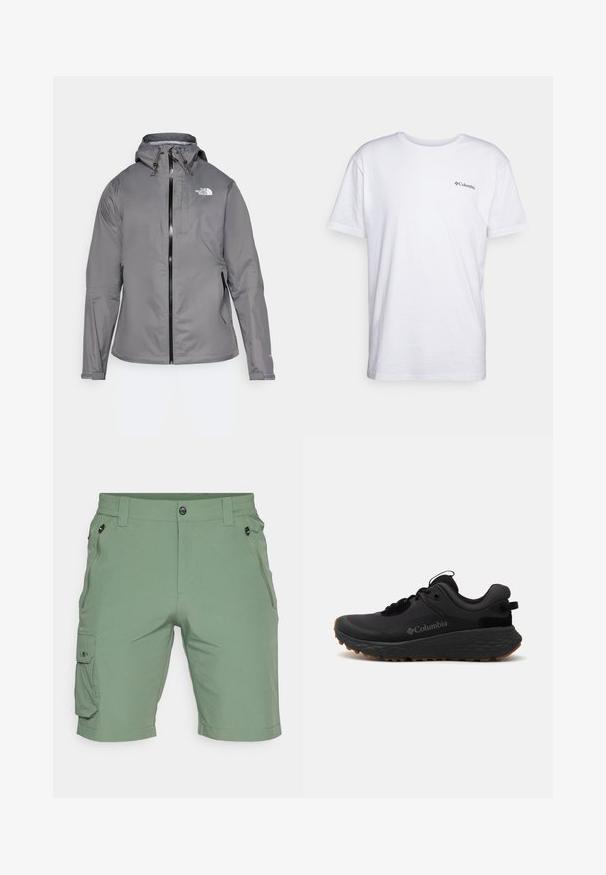 Grå vanntett jakke med hette, frontglidelås, logo på øvre venstre bryst og elastiske mansjetter. Glatt, lett stoff.; Hvit bomulls T-skjorte med korte ermer, rund halslinning og en liten svart Columbia-logo trykket på brystet. Glatt tekstur.; Grønn cargo shorts laget av lett materiale, med knappelukking, elastisk midje, side lommer og en cargo lomme på benet.; Svart Columbia treningssko med teksturert overflate, polstret krage og gummisåle med et distinkt mønster for grep.