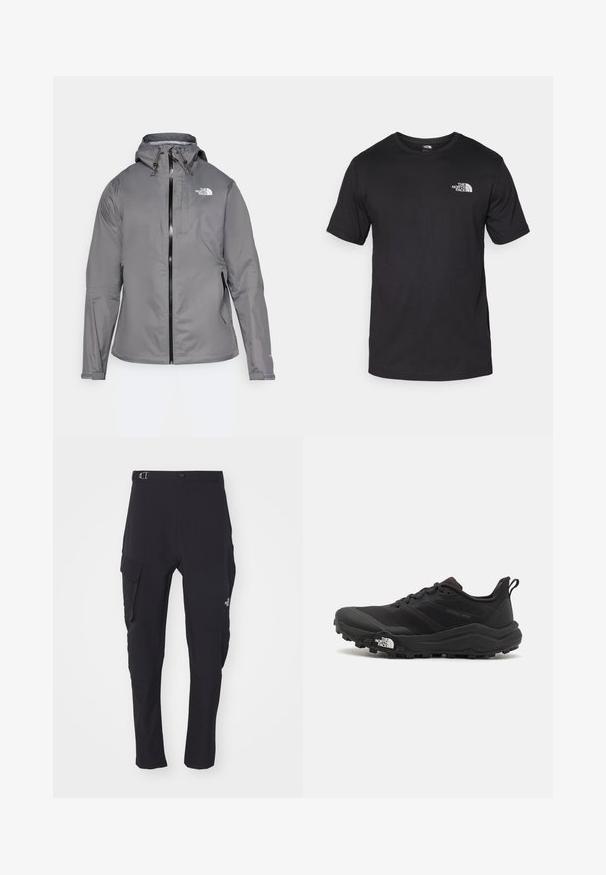Pilkas vandeniui atsparus paltas su kapišonu, priekiniais užtrauktukais, logotipu kairiajame krūtinės viršuje ir elastinėmis rankovėmis. Lygus, lengvas audinys.; Juodas trumpas rankovės marškinėliai, pagaminti iš medvilnės, su apvaliu kaklu ir mažu baltu logotipu viršutiniame kairiajame krūtinės kampe.; The North Face MOUNTAIN ATHLETICS HYBRID PANT - Lauko kelnės - black; Juoda bėgimo batai su tekstūruotu paviršiumi, guma padais ir sustiprinta pirštų dalimi. Yra paminkštinta apykaklė ir kilpos, leidžiančios lengvai užsidėti.