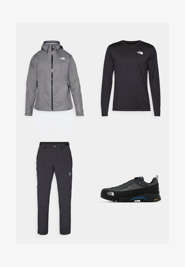 Pelēks ūdensizturīgs jaka ar kapuci, priekšējo rāvējslēdzēju, logotipu augšējā kreisajā krūtī un elastīgām piedurknēm. Gluda, viegla auduma.; Garās piedurknes melna sporta t-kreklu, izgatavots no viegla auduma, ar baltu logo augšējā kreisajā krūtī. Gluda tekstūra.; Mammut RUNBOLD ZIP OFF PANTS MEN - Āra bikses - black; The North Face VERTO ALPINE GORE TEX - Pārgājienu apavi - asphalt grey/tnf black