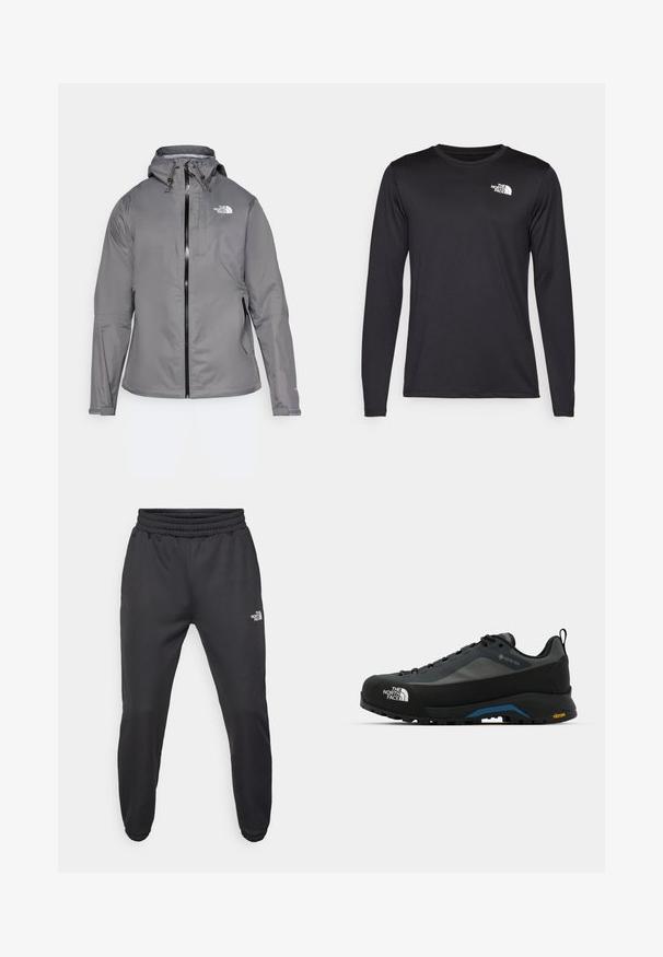 Siva vodoodporna jakna s kapuco, sprednji zadrgo, logotip na zgornjem levem prsnem delu in elastičnimi manšetami. Gladek, lahek material.; Črna majica z dolgimi rokavi za športne dejavnosti iz lahkega materiala, ki na zgornji levi strani prsnega dela vsebuje bel logotip. Gladka tekstura.; Črne trenirke z vrvico v pasu, ozkega kroja, z elastičnimi manšetami in majhnim belim logotipom na levem stegnu, narejene iz gladkega materiala.; The North Face VERTO ALPINE GORE TEX - Pohodniški čevlji - asphalt grey/tnf black
