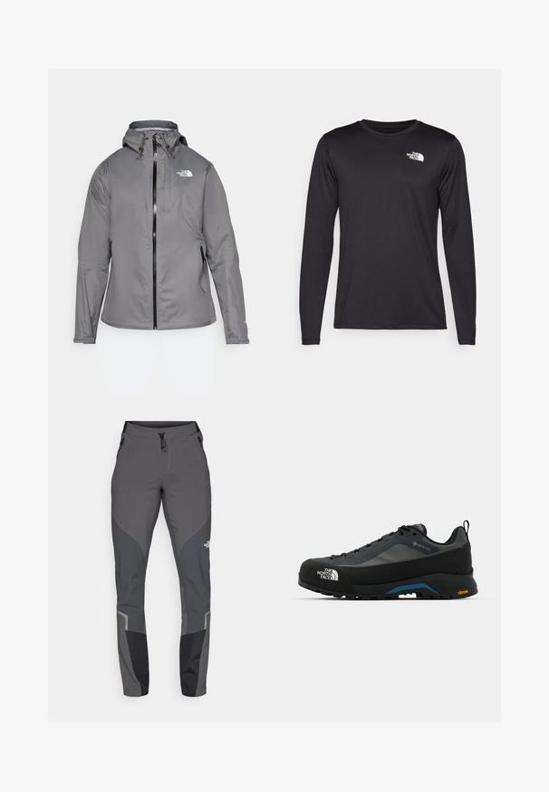 Hallhalli veekindel jakk kapuutsiga, esipöördel lukuga, logo vasakul ülemisel rinnal ja elastsete mansettidega. Sujuv, kerge kangas.; Pikkade varrukatega must spordit-särk, mis on valmistatud kerge kangaga, esiküljel vasakul rinnal on valge logo. Sile tekstuur.; Hallkonnad hallid matkapaid, millel on kitsenev disain, mitmed taskud ja kontrastsed tumedat halli ning musta aktsendid. Valmistatud paindlikust ja vastupidavast materjalist.; The North Face VERTO ALPINE GORE TEX - Matkajalatsid - asphalt grey/tnf black