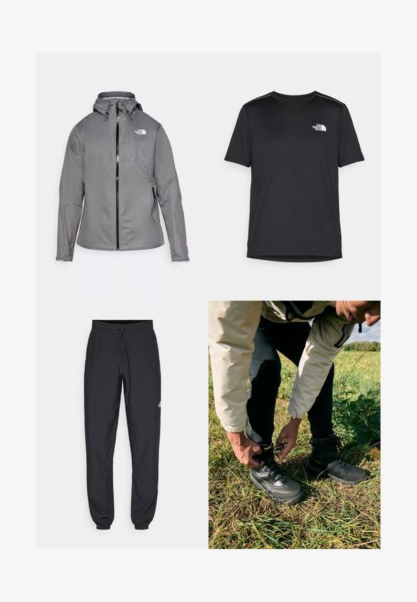 Hallhalli veekindel jakk kapuutsiga, esipöördel lukuga, logo vasakul ülemisel rinnal ja elastsete mansettidega. Sujuv, kerge kangas.; Must mustaöödiga must T-särk, mis on valmistatud kerge riidekanga. Esiküljel on vasakul rinnal väike valge logo ning õlgadel on peened aktsendid.; Mustavad sportlikud püksid, mis on valmistatud kergest kangast, joonlauaga taljest, küljetaskudega ja kitsenevate varrukatega pahkluude juures.; Mustad mustasaapad tekstuurse nahk ülemise ja kummist tallaga. Kandja pingutab paelu seistes rohu peal.