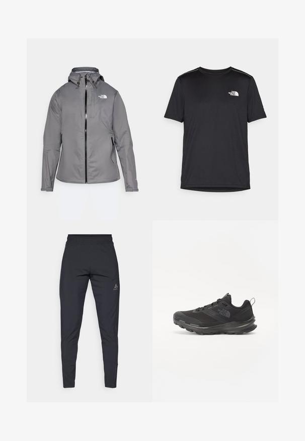 Gray waterproof jacket with a hood, front zipper, logo on the upper left chest, and elastic cuffs. Smooth, lightweight fabric.; Black short-sleeve T-shirt made from lightweight fabric. Features a small white logo on the left chest and subtle shoulder accents.; Black athletic pants made of lightweight, stretchable material. Features an elastic waistband and a logo on the left hip. Slim fit design.; Black athletic shoe with mesh upper, rubber outsole, and padded collar. Features laces, logo on the side, and a textured design.