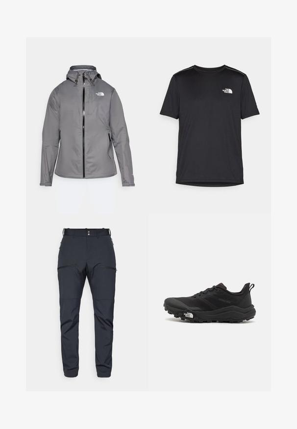 Pilkas vandeniui atsparus paltas su kapišonu, priekiniais užtrauktukais, logotipu kairiajame krūtinės viršuje ir elastinėmis rankovėmis. Lygus, lengvas audinys.; Juodas trumpas rankovės marškinėliai, pagaminti iš lengvos medžiagos. Yra mažas baltas logotipas kairiajame krūtinės pusėje ir subtilūs pečių akcentai.; Houdini MORE PANTS - Lauko kelnės - true black; Juoda bėgimo batai su tekstūruotu paviršiumi, guma padais ir sustiprinta pirštų dalimi. Yra paminkštinta apykaklė ir kilpos, leidžiančios lengvai užsidėti.