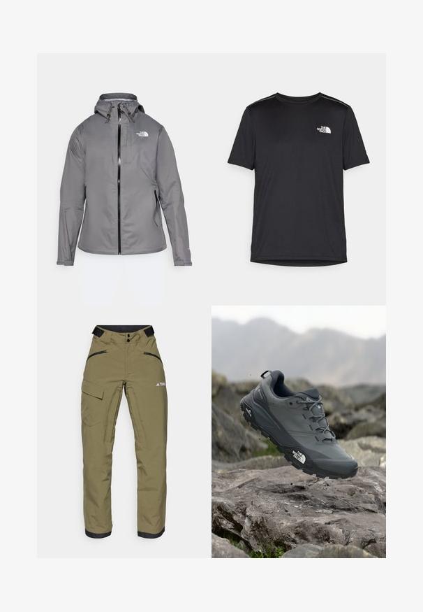 Siva vodoodporna jakna s kapuco, sprednji zadrgo, logotip na zgornjem levem prsnem delu in elastičnimi manšetami. Gladek, lahek material.; Črna kratkosleevena majica iz lahkotnega materiala. Ima majhen bel logo na levem prsnem delu in diskretne poudarke na ramenskem predelu.; Olivno zeleni vodoodporni hlače z visokim pasom, nastavljivim pasom, žepom z zadrgo spredaj in stranskim cargo žepom. Črni spodnji del hlačnic.; Sive teka za trail tek, z teksturirano zgornjimi deli, trpežnim gumijastim podplatom in ojačanim kapico za prste. Ima vezi in logotip blagovne znamke na strani.