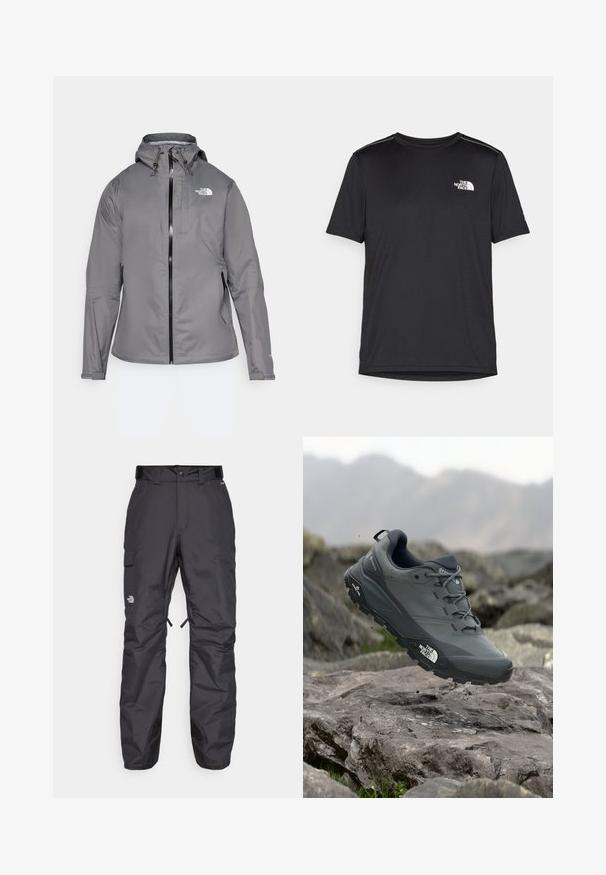 Pelēks ūdensizturīgs jaka ar kapuci, priekšējo rāvējslēdzēju, logotipu augšējā kreisajā krūtī un elastīgām piedurknēm. Gluda, viegla auduma.; Melnas īsām piedurknēm T-kreklas, izgatavots no viegla auduma. Uz kreisā krūtīm ir neliels balts logo un smalki plecu akcenti.; Melnas ūdensizturīgas bikses ar taisnu griezumu, regulējamu jostu, sānu kabatu un pastiprinātām apakšējo kāju daļām. Zīmola logo uz augšstilba.; Pelēki skrējēju apavi ar teksturētu virsu, izturīgu gumijas zoli un pastiprinātu pirkstu daļu. Iekļauj šņores un zīmola logo sānos.