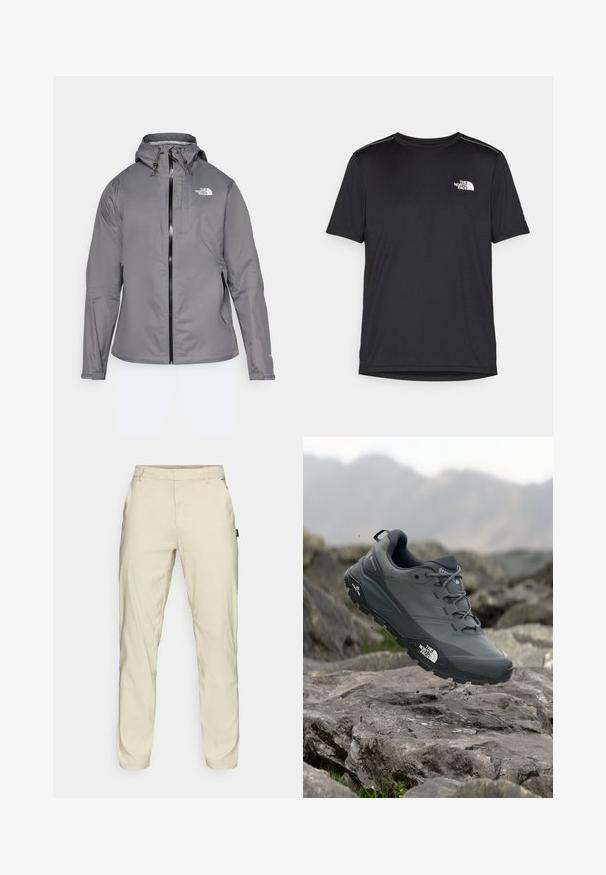 Grau wasserdichte Jacke mit Kapuze, vorderem Reißverschluss, Logo auf der oberen linken Brust und elastischen Bündchen. Glattes, leichtes Material.; Schwarzes T-Shirt mit kurzen Ärmeln aus leichtem Stoff. Mit einem kleinen weißen Logo auf der linken Brust und dezenten Akzenten an den Schultern.; Oakley TERRAIN PANT - Stoffhose - silver sage/white; Grau Trailrunning-Schuh mit einer strukturierten Oberseite, haltbarer Gummisohle und verstärkter Zehenkappe. Verfügt über Schnürsenkel und ein Markenlogo an der Seite.