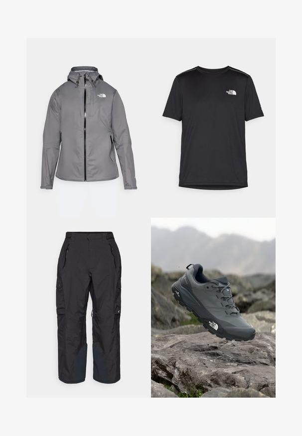 Casaco cinza à prova d'água com capuz, fecho de correr frontal, logótipo no lado esquerdo do peito e punhos elásticos. Tecido suave e leve.; T-shirt preto de manga curta feito de um tecido leve. Apresenta um pequeno logo branco ao lado esquerdo do peito e detalhes subtis nos ombros.; Oakley TNP EVOKE RC SHELL PANT - Calças de snowboard - blackout; Sapatilha de corrida em trilhos cinza com um cabedal texturizado, sola de borracha durável e ponteira reforçada. Apresenta atacadores e o logótipo da marca de lado.