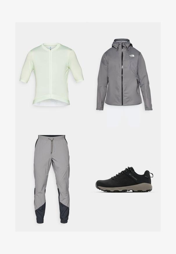 Siva vodoodporna jakna s kapuco, sprednji zadrgo, logotip na zgornjem levem prsnem delu in elastičnimi manšetami. Gladek, lahek material.; Kratka majica s kratkimi rokavi v svetlo zeleni barvi, izdelana iz gladkega blaga s zadrgo, ki ima okroglo izrez in teksturiran dizajn na rokavih.; Lahki, sivi atletski hlače z črnimi dodatki. Elastika v pasu, zategovalna vrvica, oblikovana noga in stranske žepe.; Črne pohodniške čevlje z gladkim zgornjim delom, perforiranim dizajnom, sivo podplatom in ojačanim petnim delom. Imajo vezalke in zanko za enostavno obuvanje.