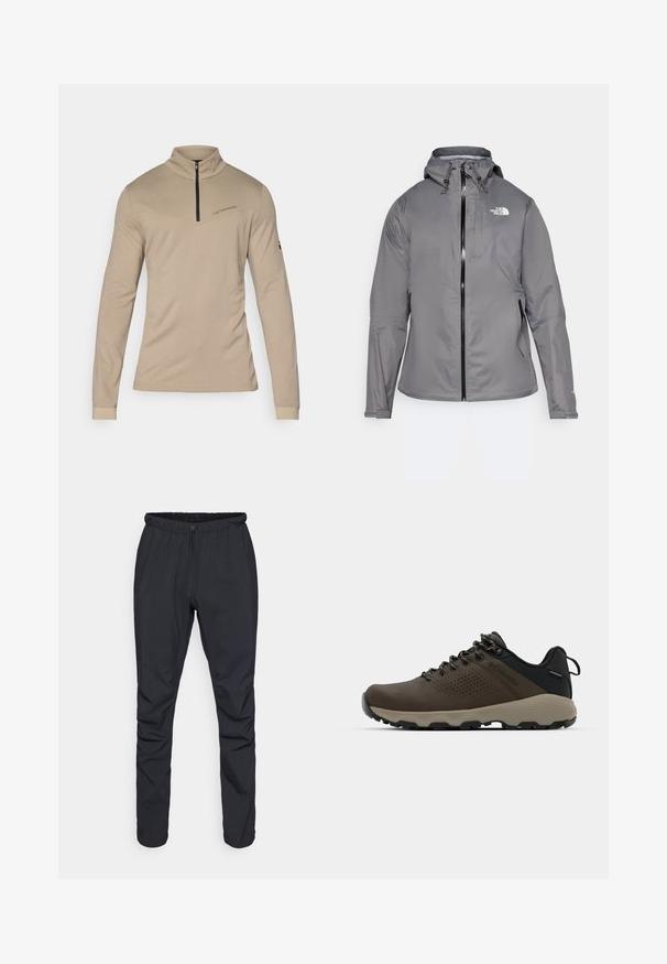 Gray waterproof jacket with a hood, front zipper, logo on the upper left chest, and elastic cuffs. Smooth, lightweight fabric.; Beige long-sleeve shirt with a high collar and a half zipper. Features a diagonal seam and subtle branding on the chest. Smooth texture.; Black lightweight trousers with an elastic waistband, drawstring closure, and tapered legs. Made from water-resistant material with a smooth texture.; Brown waterproof sneakers with a textured upper, perforated accents, black heel support, and a grey rubber sole. Laces are styled with metallic ends.