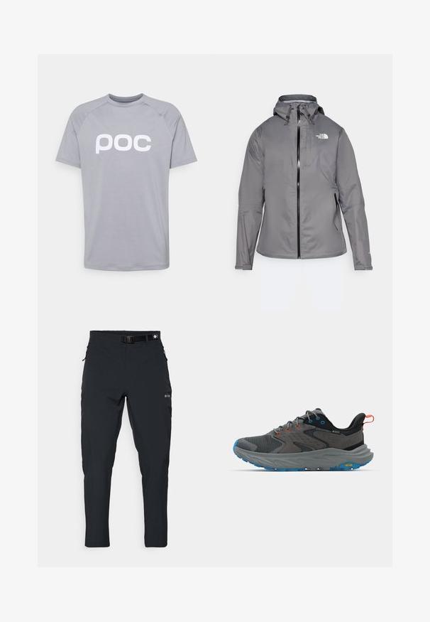 Pelēks ūdensizturīgs jaka ar kapuci, priekšējo rāvējslēdzēju, logotipu augšējā kreisajā krūtī un elastīgām piedurknēm. Gluda, viegla auduma.; Pelēka īsām piedurknēm T-krekls, izgatavots no gludas auduma ar apaļu kaklu un raglan piedurknēm. Priekšpusē ir liels balts "poc" logo.; Columbia ESSENTIAL HIKE™ PANT - Āra bikses - black; Pelēki sporta apavi ar sietu un zamšādu, zila zole, oranžs un zils akcenti, kā arī teksturēta starpzole ar Vibram logotipu.