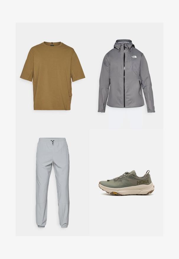 Giacca impermeabile grigia con cappuccio, zip frontale, logo sul lato sinistro del petto e polsini elasticizzati. Tessuto liscio e leggero.; T-shirt a maniche corte di colore marrone, realizzato in tessuto morbido, con scollo rotondo e spacchi laterali per un comfort aggiuntivo. Design semplice e non decorato.; The North Face WIND PANT - Pantaloni outdoor - monument grey; Scarpa da corsa Hoka verde con tomaia in Gore-Tex, dettagli testurizzati, lacci elasticizzati e suola spessa beige con logo Vibram.