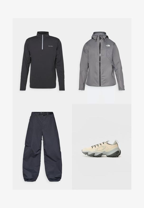 Hallhalli veekindel jakk kapuutsiga, esipöördel lukuga, logo vasakul ülemisel rinnal ja elastsete mansettidega. Sujuv, kerge kangas.; Must mustaga pikkade varrukatega kampsun, millel on veerand-kinnituskael. Omab vasakul rinnal logo ja sujuvat, kerget kangast.; Tumedashallased cargo püksid, valmistatud pehmest ja vastupidavast materjalist. Neil on lai, lagunev lõige, mitu taskut ja reguleeritav vööpund.; Beez športlikud, millel on tekstuuriga võrgust pealispind, hall kummist tallad, väljapaistev kaarjas disain ja hallid paelad. Omab kandmisnuppu kanna peal.